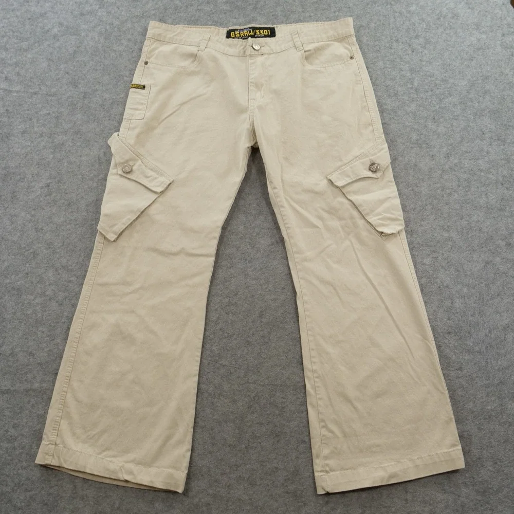 Vintage G-Star 3301 Mens Cargo Pants 36 Khaki Tan Utility Pocket Straight Y2K